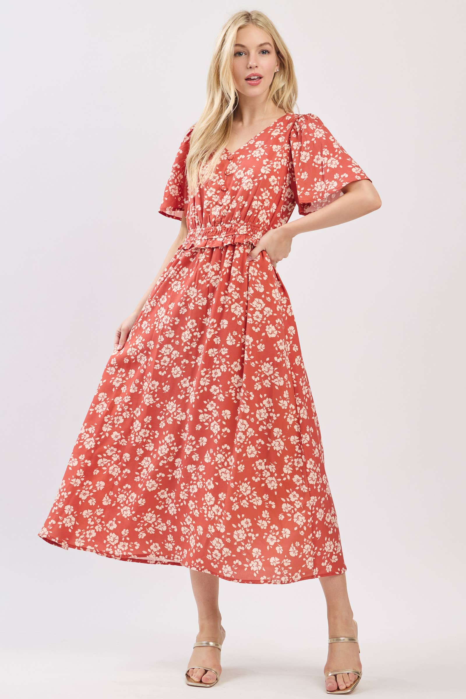 Terracotta MIDI-JURK MET PUFFMOUWEN, V-HALS EN GEDEFINIEERDE TAILLE - VD6036 voor groothandel op Faire5