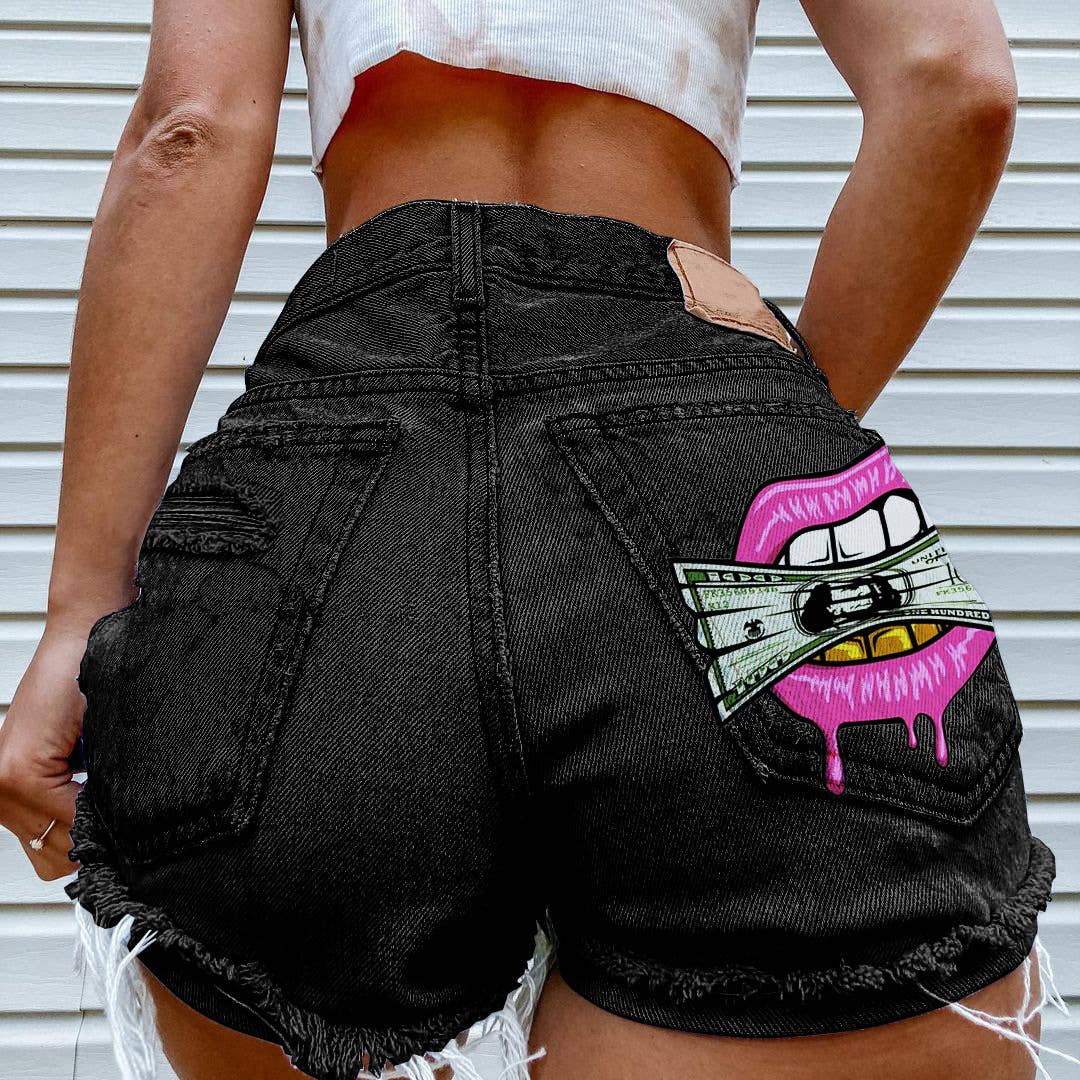 Tourtiwi - Wholesale Shorts - Women's - Cash in the Mouth Print Ripped Denim Shorts7