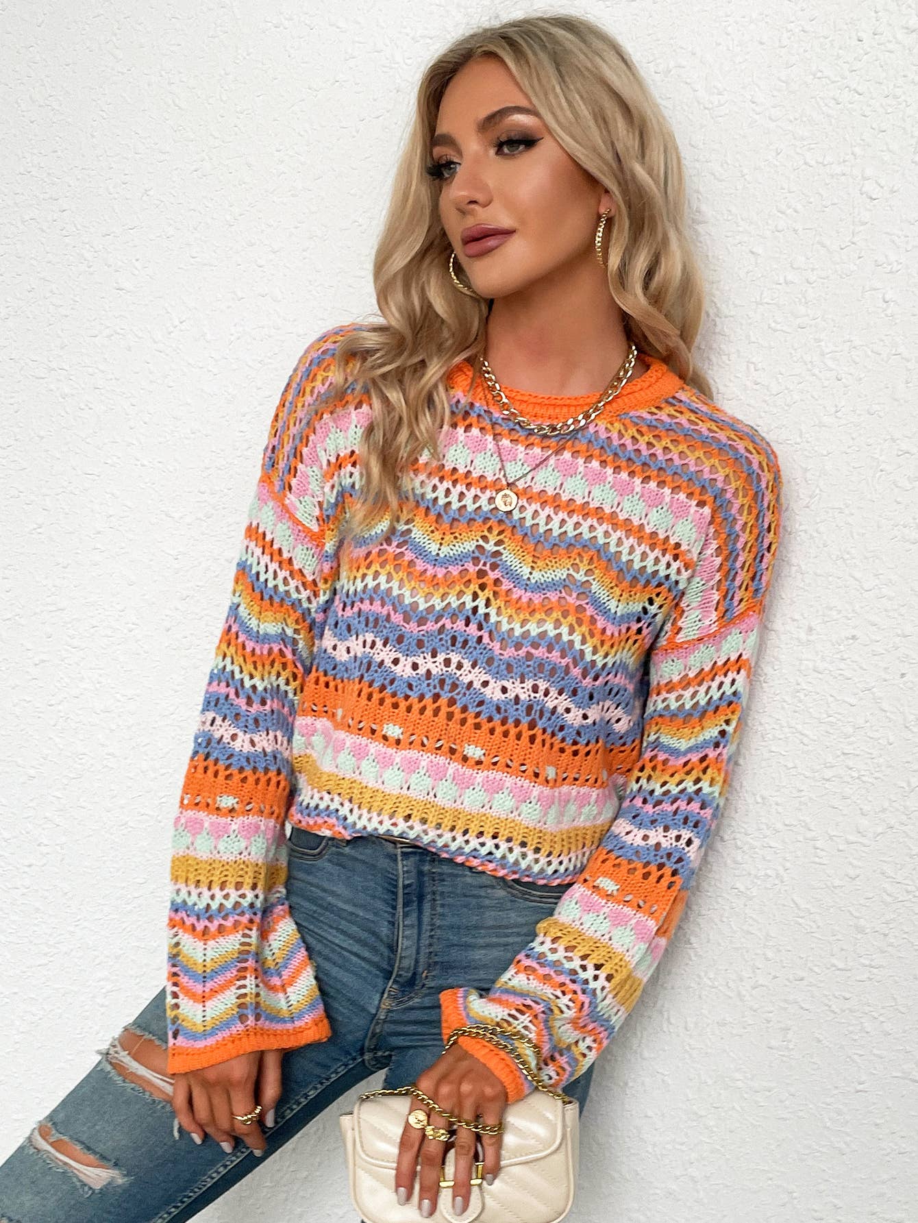 YNIQUE – Engroshandel Pullover - Dame – Kvinders stribe langærmet rund hals sweater toppe16