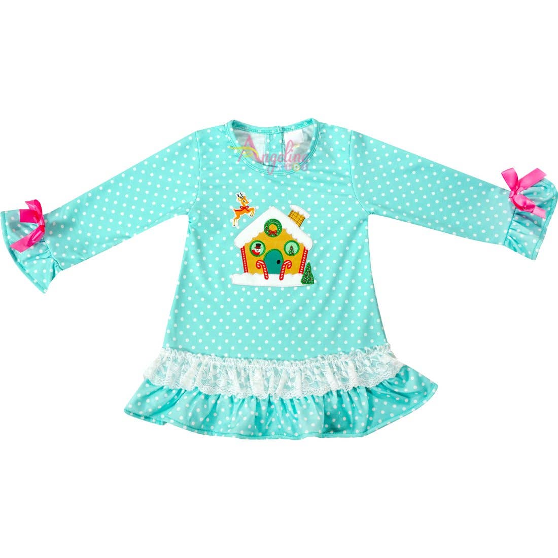 Angeline Kids – wholesale Top & trouser set – Kids – Baby Girls Merry Christmas Gingerbread House Ruffle Top Pants Set - Mint Pink3