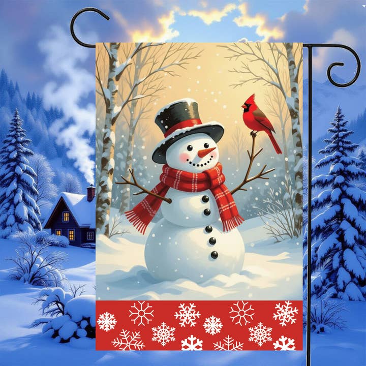 Snowman and Cardinal garden Flag for wholesale by Cotton & Crate