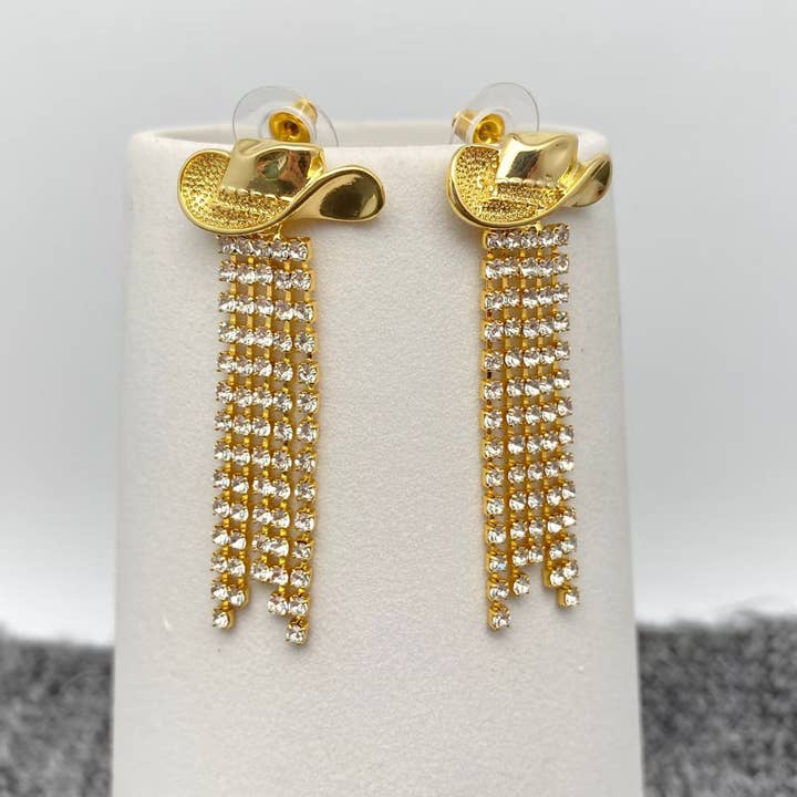 Mio Queena - Wholesale Tassel Earrings - Western Sparkling Rhinestone Tassel Hat Post Earrings - WJ