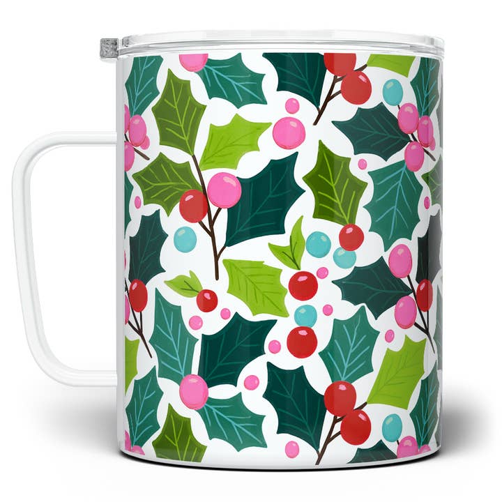 Mug Isotherme de Noël Rétro Coloré avec Houx, Cadeaux de Noël pour la vente par Loftipop