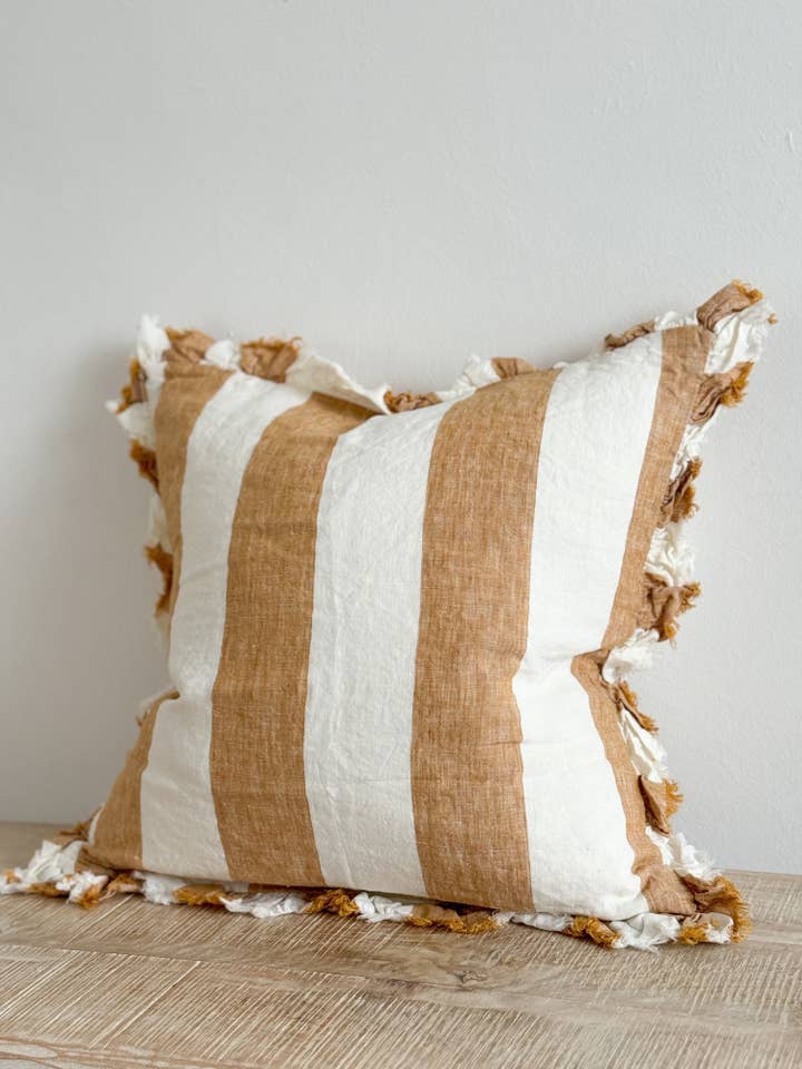 Hallie Ruffled Linen Cushion Cover – Mustard Wide Stripe for wholesale by Ellenvale Trade