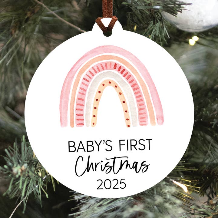 Baby's First Christmas Ornament 2025 | Pink Boho Rainbow for wholesale by Knotty Design Co.