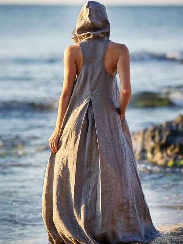 GRIJS Originele losse grijze maxi-jurk met capuchon voor groothandel op Faire0