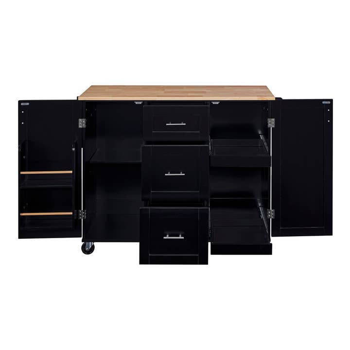 Orange County Decor - Wholesale Kitchen Storage/Organizer - K&K Rolling Kitchen Island With Storage, Kitchen Cart With Rubber Wood Top, 3 Drawer, 2 Slide Out Shelf And Internal Storage Rack, Kitchen Island On Wheels With Spice Rack & Tower Rack, Black Black9