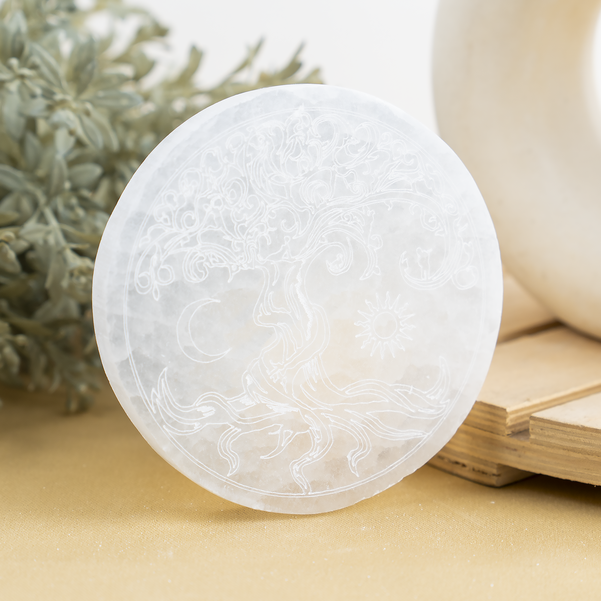 Soothing Crystals - Wholesale Crystal Charging Plate -  4" Selenite Plate | Tree of Life Moon & Sun Selenite Plate10