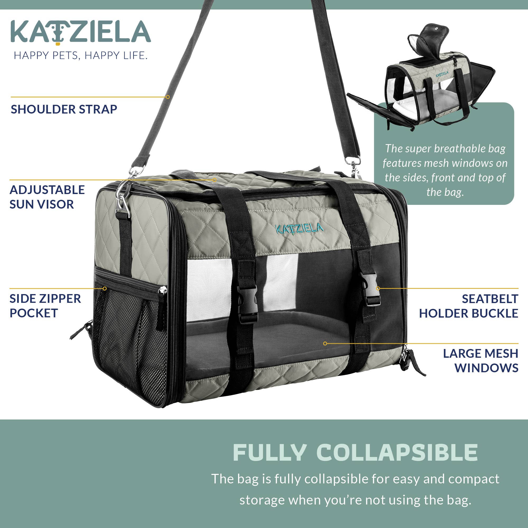 Katziela - Wholesale Pet Carrier - Cat/Dog - Airline Approved Quilited Companion Cat & Dog Carrier Gray2