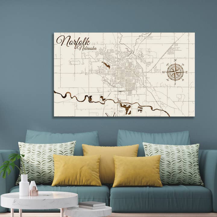 Nebraska : carte des rues de Norfolk pour la vente par Fire & Pine