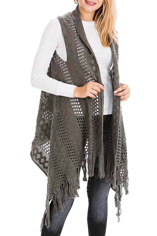 Cap Zone - Vendita all'ingrosso Gilè imbottito - Donna - Gilet lungo cardigan lavorato a maglia con frange lavorate all'uncinetto0