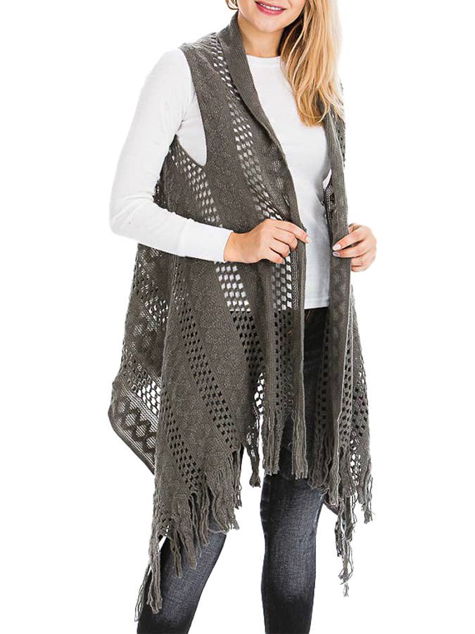 Cap Zone – Colete - Mulher por atacado – Cabo Crochet malha franja guarnição Cardigan Long Vest13