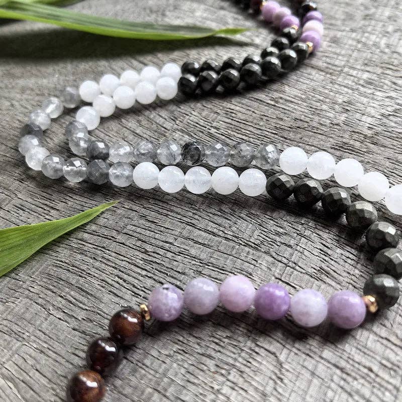 Harmony Mala - Wholesale Beaded/Pearl Necklace - Lepidolite, Pyrite, Gray Crystal, Garnet Mala Bead Necklace3