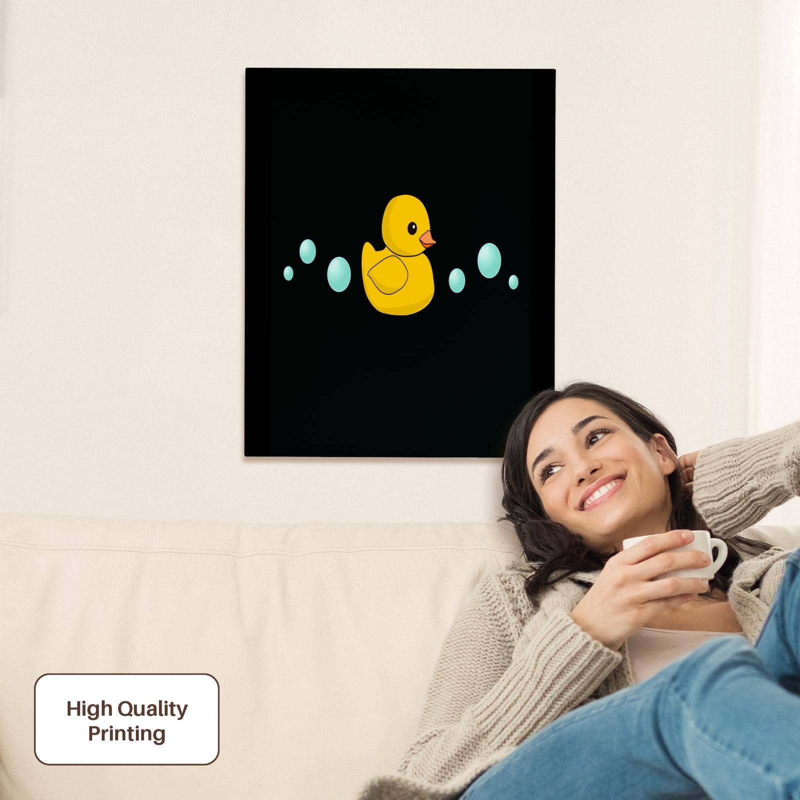 3dRose - Wholesale Art Print - 3dRose, Cute Yellow Rubber Duckie cartoon with soap bubbles - kawaii ducky on black - adorable sweet duck, Museum Grade Canvas Wrap1