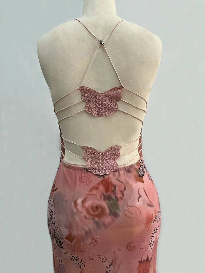 HIDDENBRAND - Wholesale Dress - Women's - Boho unique print sheer Mesh Butterfly Back Maxi Dress4