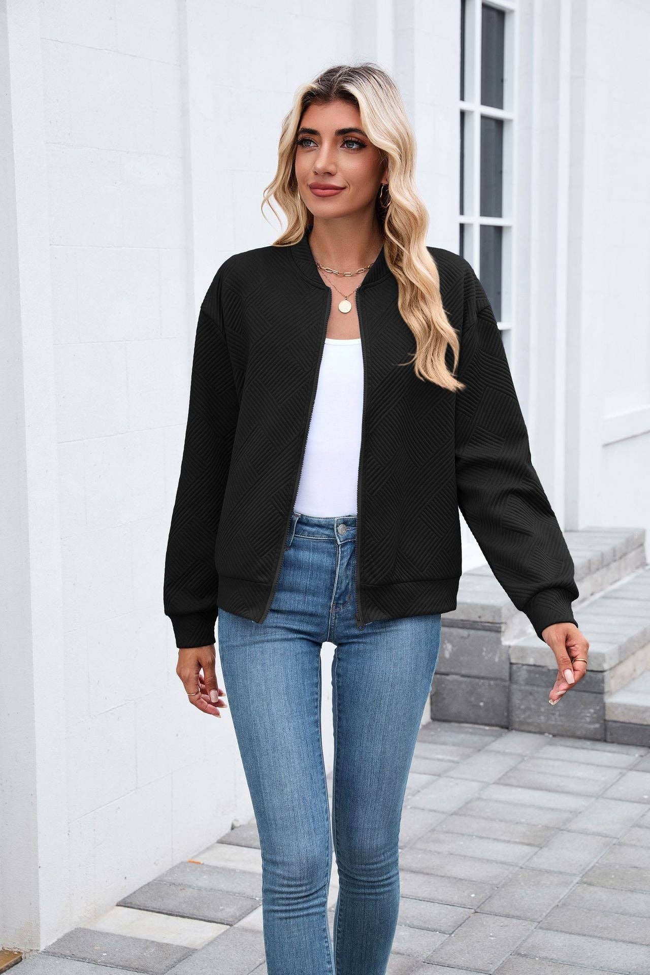 Lovesoft - Wholesale Bomber Jacket - Women's - Quilted Zip-Up Bomber Jacket | Casual Long Sleeve Sweatshirt0