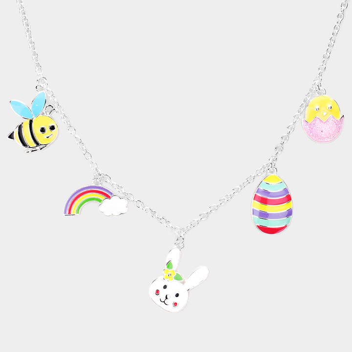 Collana con pendente a forma di uovo di Pasqua con smalto ape, arcobaleno e coniglietto. per la vendita all'ingrosso da parte di Sensibling Corp.