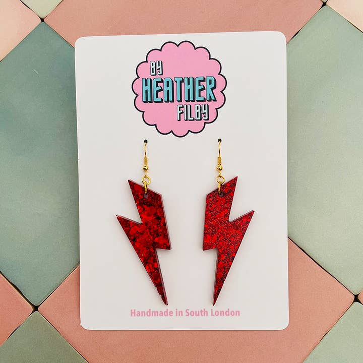 Orecchini grandi a forma di fulmine con glitter rossi per la vendita all'ingrosso da parte di By Heather Filby