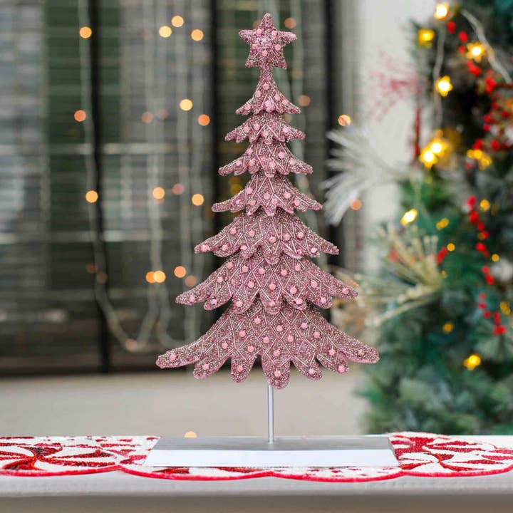 Dickens Beaded Christmas Tree in Pink & Silver for wholesale on Faire2
