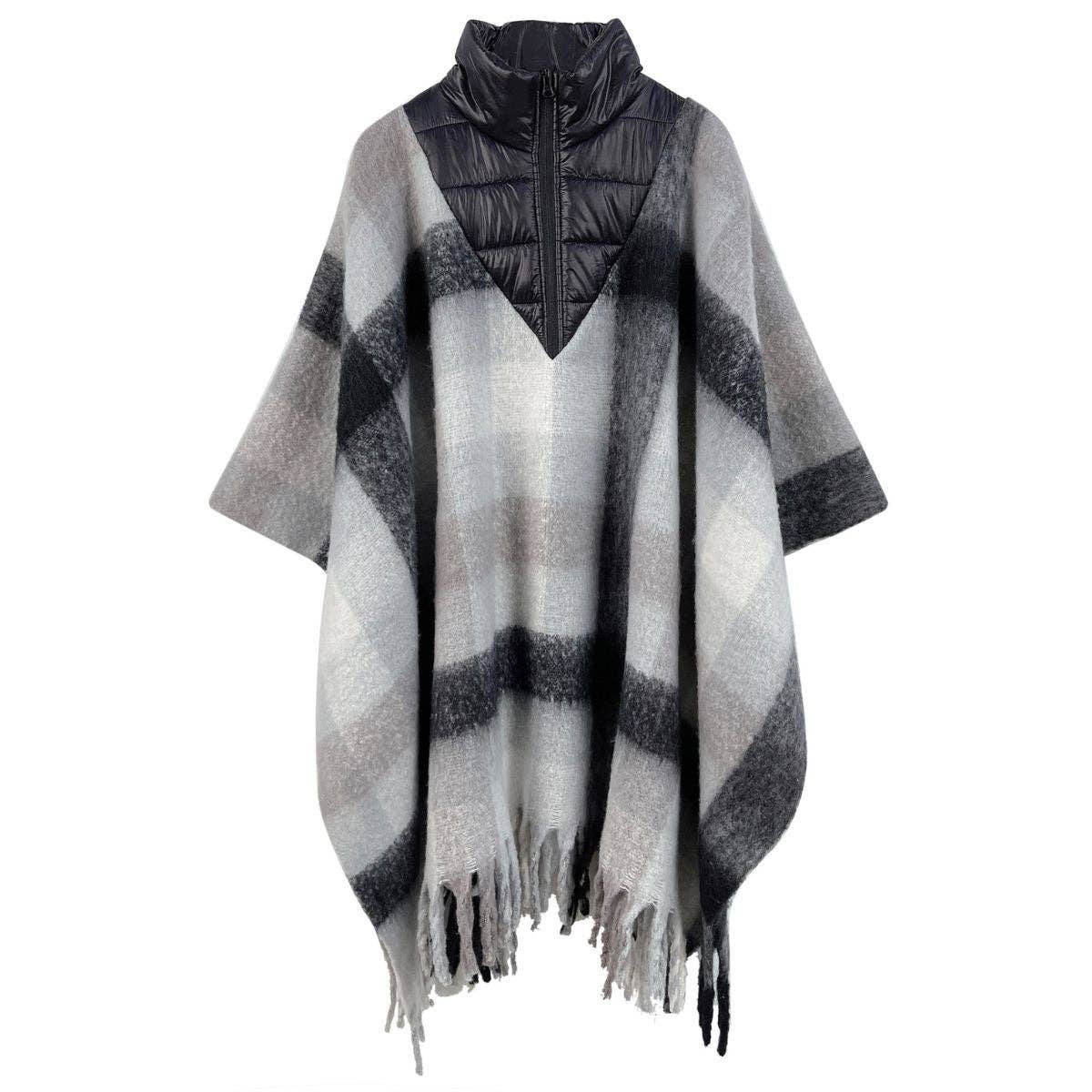 Fringe Poncho Poly Black Plaid Long Zip for Women for wholesale on Faire1