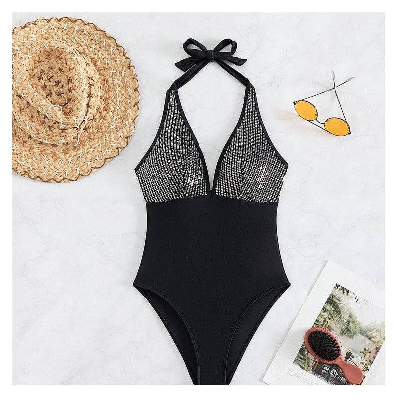 BLACK Backless One-Piece Shimmer Swimsuit for wholesale on Faire2