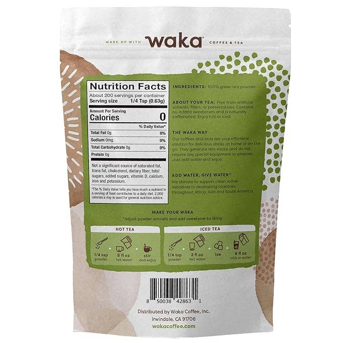 Waka Coffee & Tea - Vente Thé glacé - Thé instantané en poudre non sucré Classic Green, sachet de 4,5 oz
6