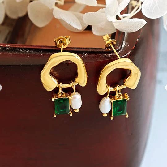 Koch La Ni Jewelry - Wholesale Dangle Earrings - Gold Pearl and Emerald Drop Earrings3