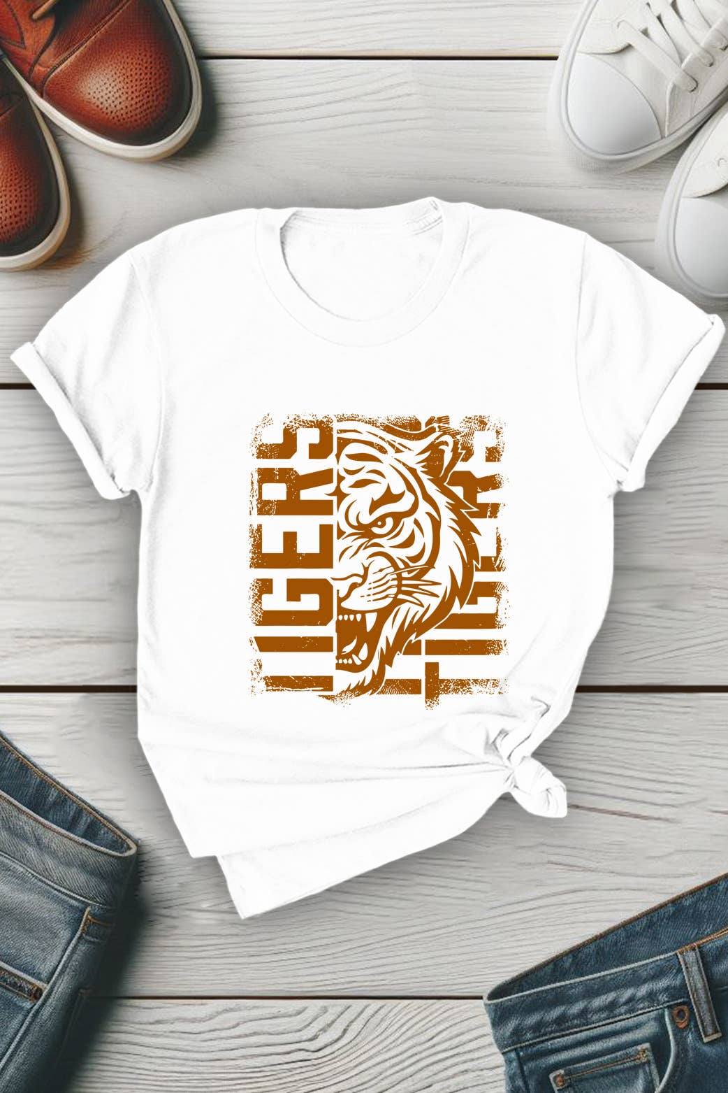 Top Avenue - Vendita all'ingrosso Maglietta stampata - Unisex - T-shirt unisex con scollo tondo con tigre invecchiata1