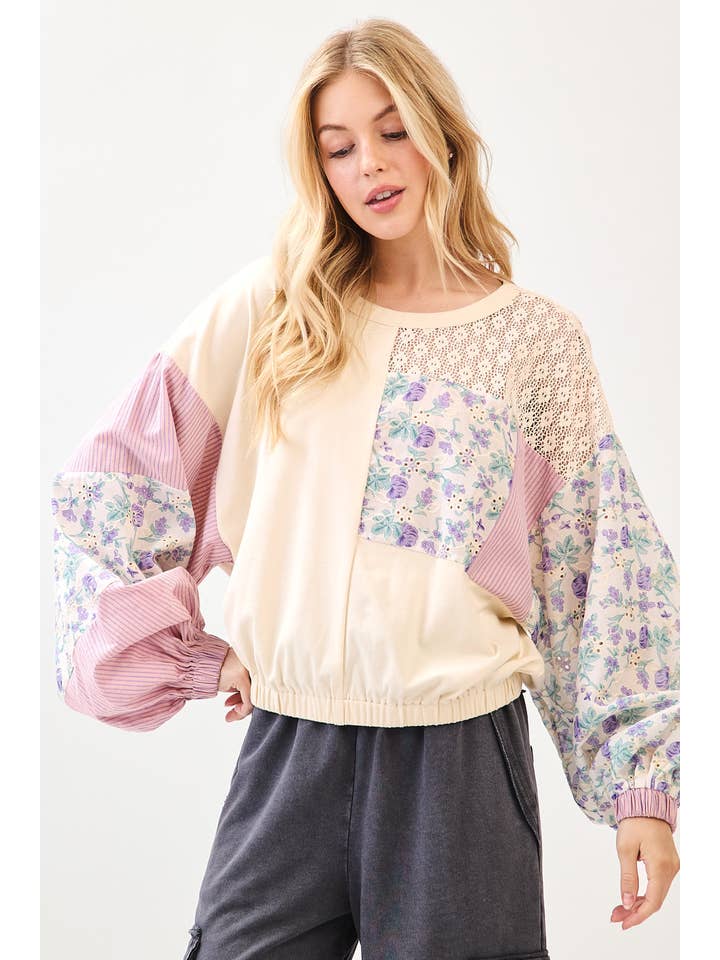 mittoshop - Wholesale Sweatshirt - Women's - FLORAL PRINT EYELET PATCHWORK BALLOON SLEEVE TOP6