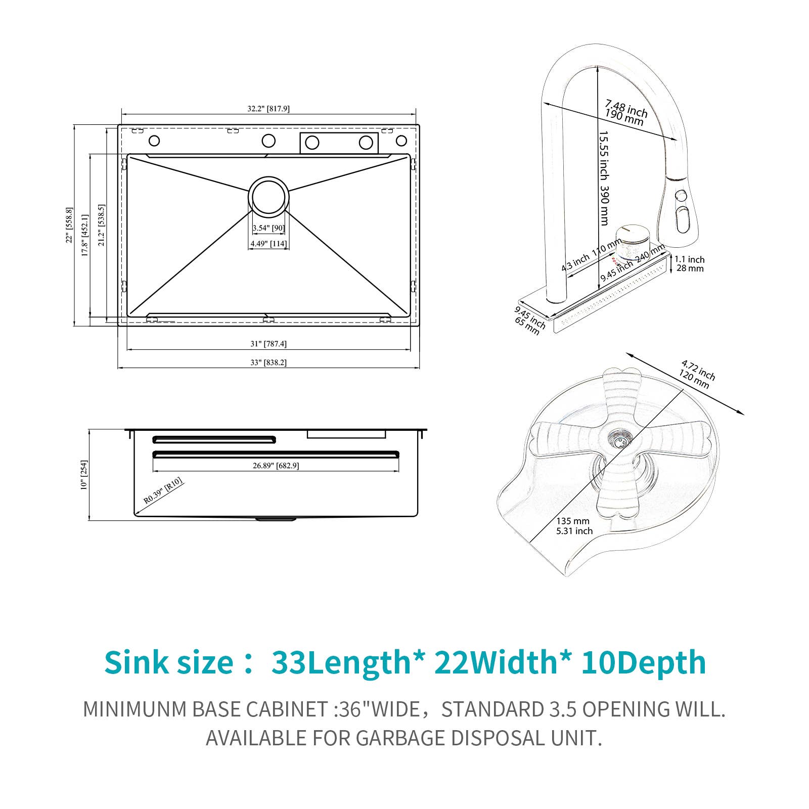 39F Inc. - Vente Appareils électroménagers - Évier de cuisine encastré en acier inoxydable de 33" (Nickel brossé/Canon)3