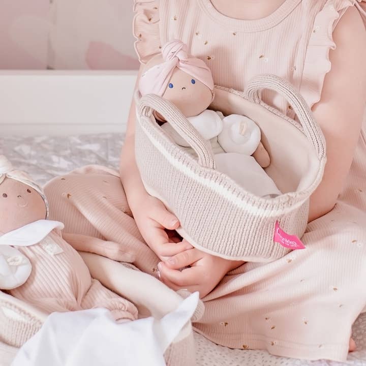 Tikiri Toys LLC - Wholesale Doll - Kids - Knitted Carry Cot w/Remi Baby Light Skin, Soother & Blanket