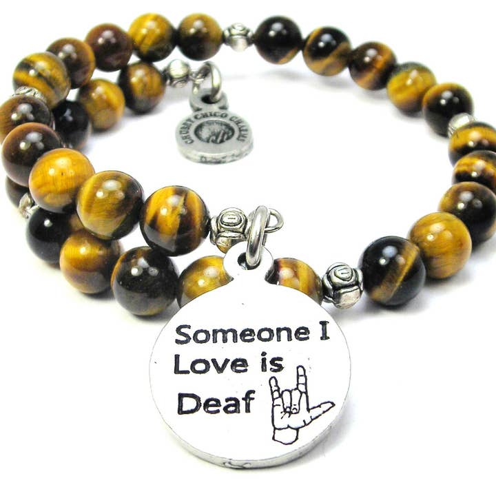Someone I Love Is Deaf Tigers Eye Wrap Bracelet ASL Deafness for wholesale by Chubby Chico Charms