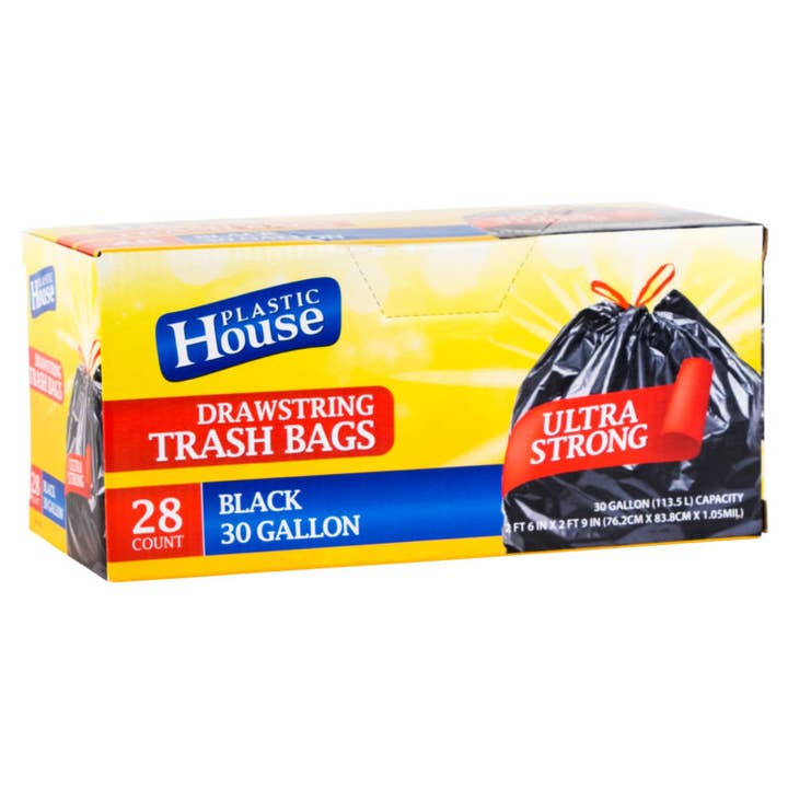 30 Gallon Drawstring Trash Bags Black Can Liner Kitchen 28ct for wholesale by HomeyGear