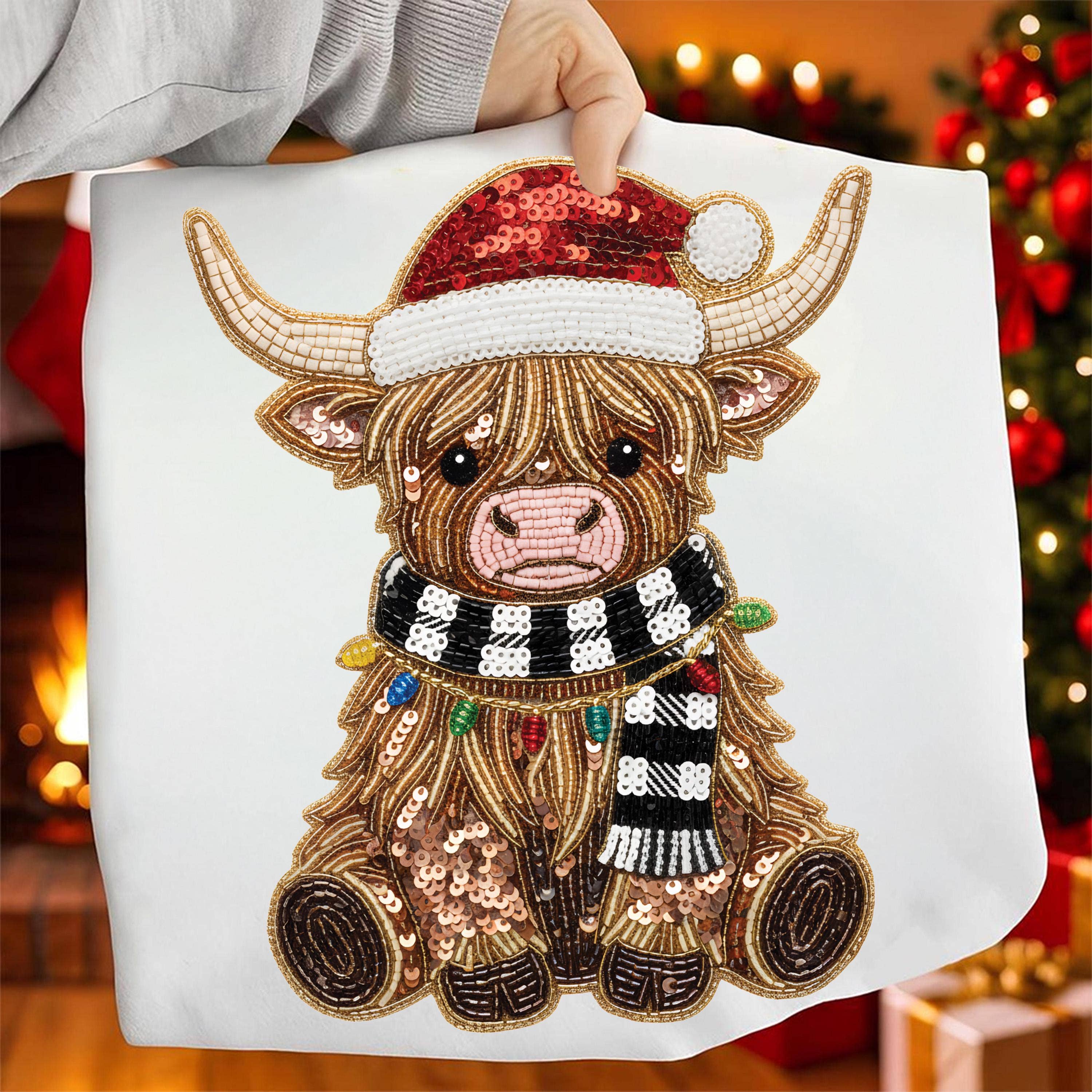 NVC Ecommerce LLC - Wholesale T-Shirt (Graphic) - Women's - Highland Cow Christmas Shirt, Sequin Santa Hat Sweatshirt1