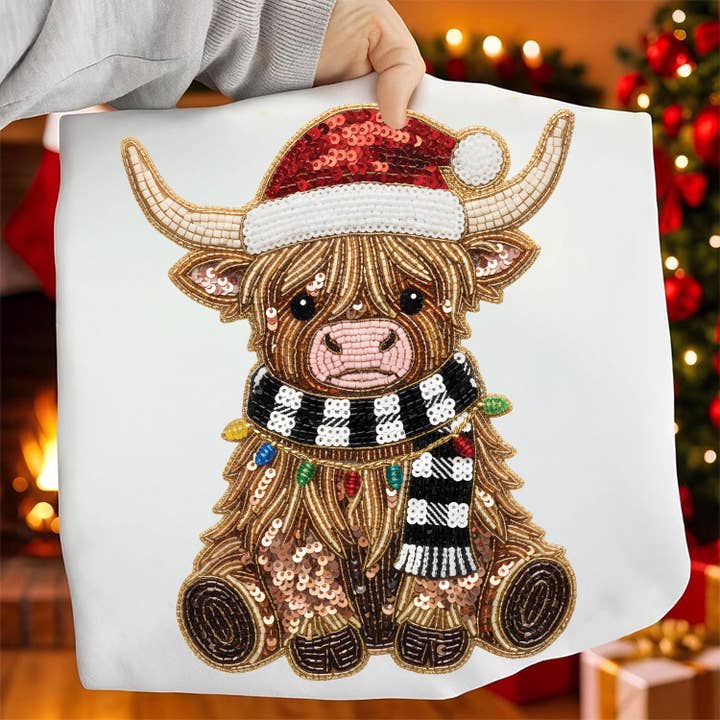 NVC Ecommerce LLC - Wholesale T-Shirt (Graphic) - Women's - Highland Cow Christmas Shirt, Sequin Santa Hat Sweatshirt1