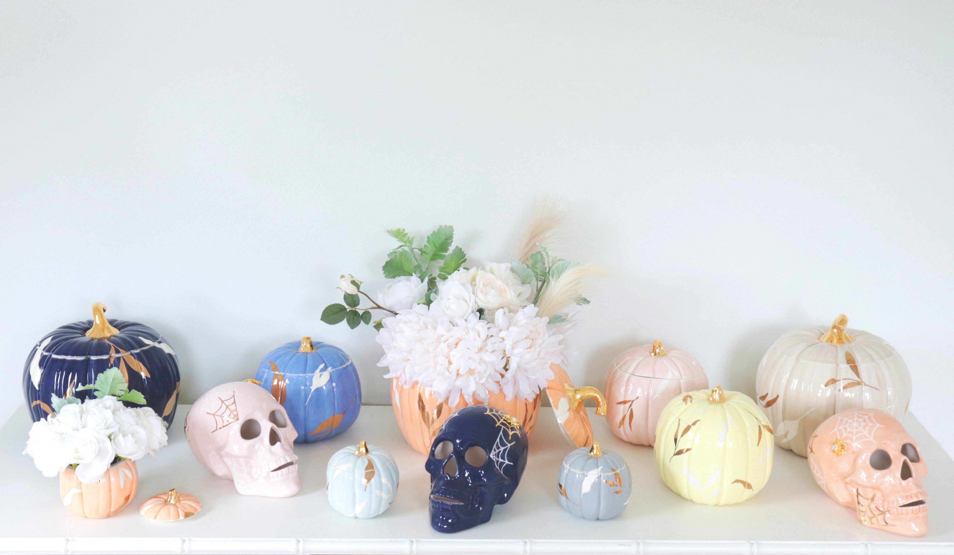 Lo Home | Ruby Clay - Wholesale Decorative Tabletop Object - "Mr. Bones and Charlotte" Skull Decor with 22K Gold Accents- Pink2