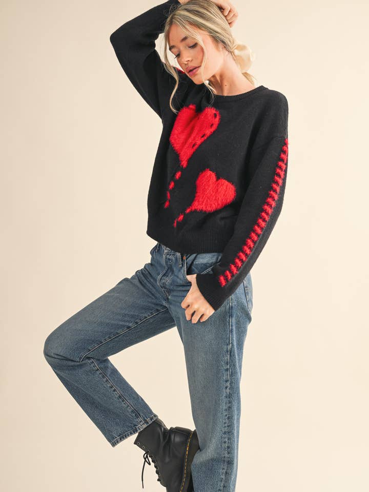 &MERCI - Wholesale Knit Sweater - Women's - FUZZY HEART KNIT SWEATER WITH WHIP STITCH MSW109907