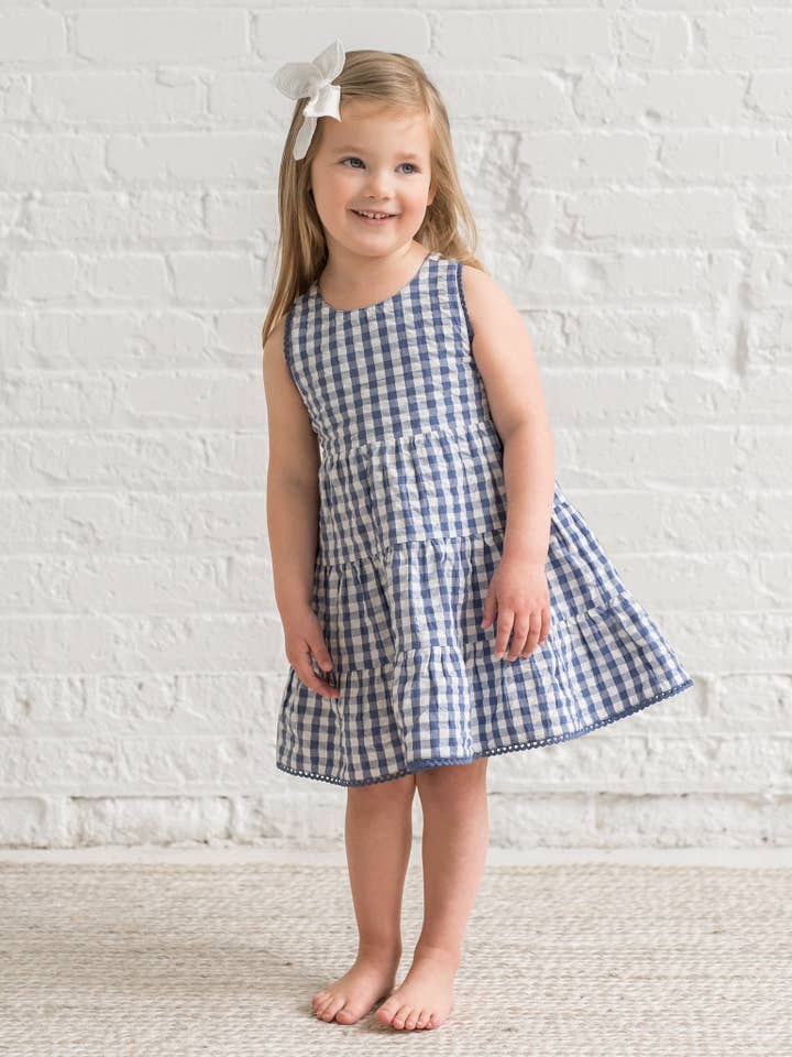Colored Organics - Wholesale Dress - Kids - Organic Zoey Seersucker Tiered Dress - Marino Gingham