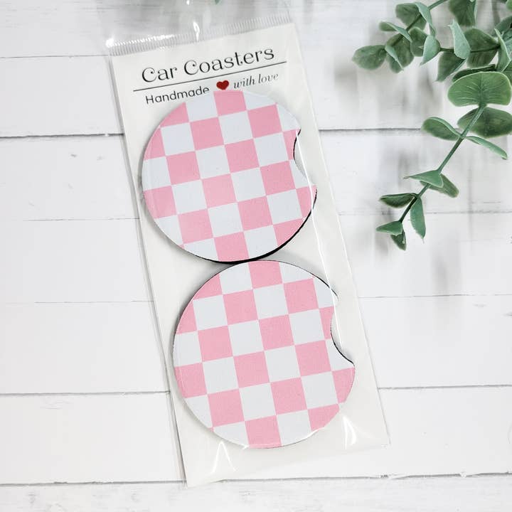 Posavasos de coche de neopreno a cuadros rosa y blanco para venta al por mayor de The Purple Chickadee