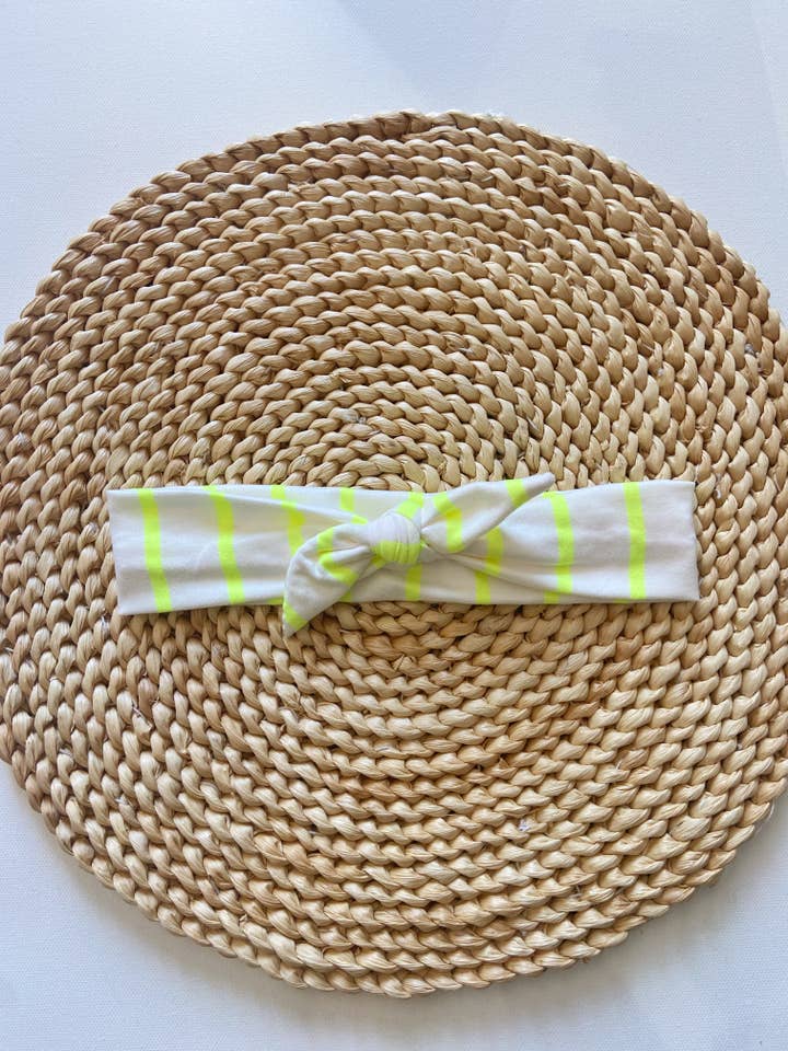White and neon yellow stripe tie headband for wholesale by Twig + Roe