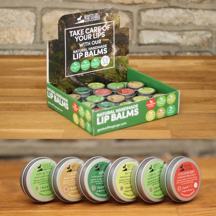 Caisse de baumes à lèvres naturels/36 = 6 de chaque saveur pour la vente par Goats Of the Gorge Skin Cosmetics