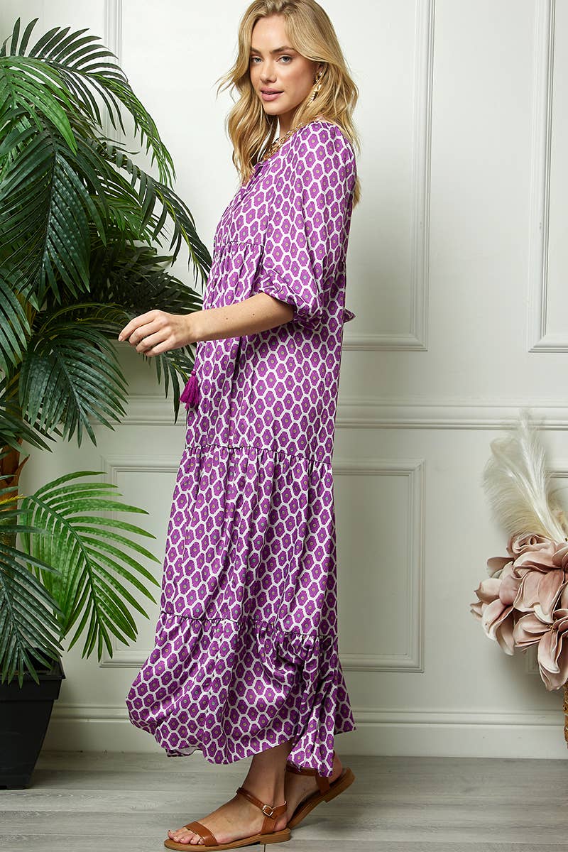 Purple Print Three Quarter Puff Sleeve Maxi Dress for wholesale on Faire5