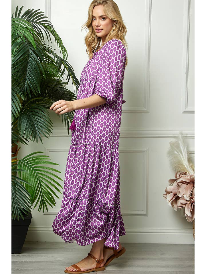 Purple Print Three Quarter Puff Sleeve Maxi Dress for wholesale on Faire5