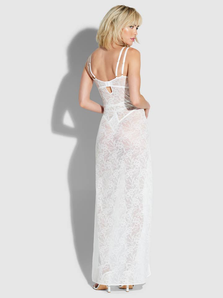 White Dahlia Ruched Lace Maxi for wholesale on Faire