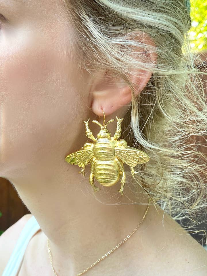 Extra Large Gold Bee Earrings Big Bumblebee Honeybee for wholesale by Red Truck Designs