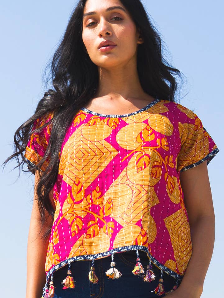 Sevya Handmade - Vente Chemisier – femme - Haut court en kantha de coton3