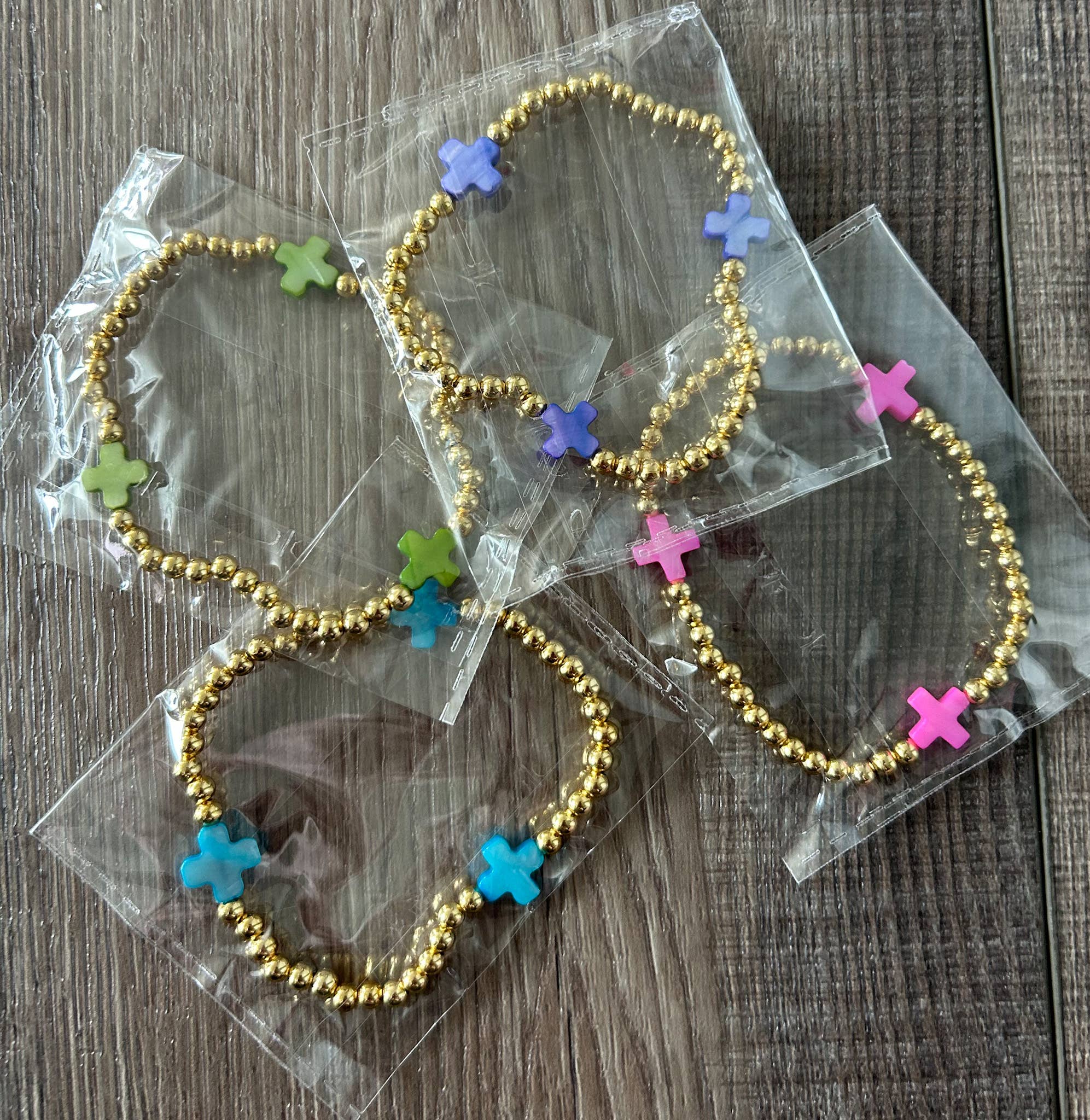 JILLIAN INK LLC - Wholesale Beaded Bracelet - Gold with Colored Cross Beaded Stretch Bracelet4