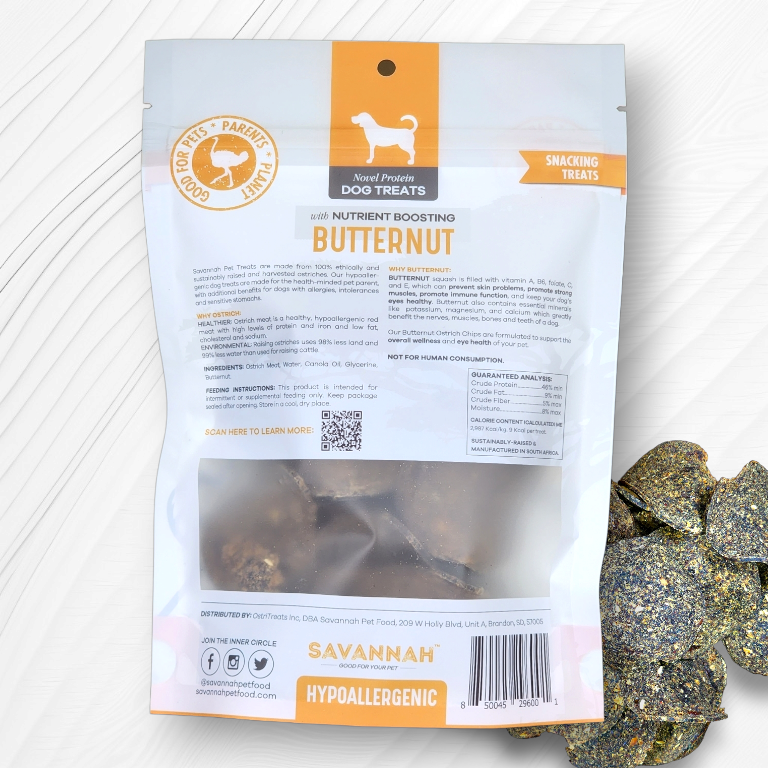 Savannah Pet Food - Vente Friandises – chien - Friandises hypoallergéniques pour chiens aux croustilles d'autruche avec noix musquée3