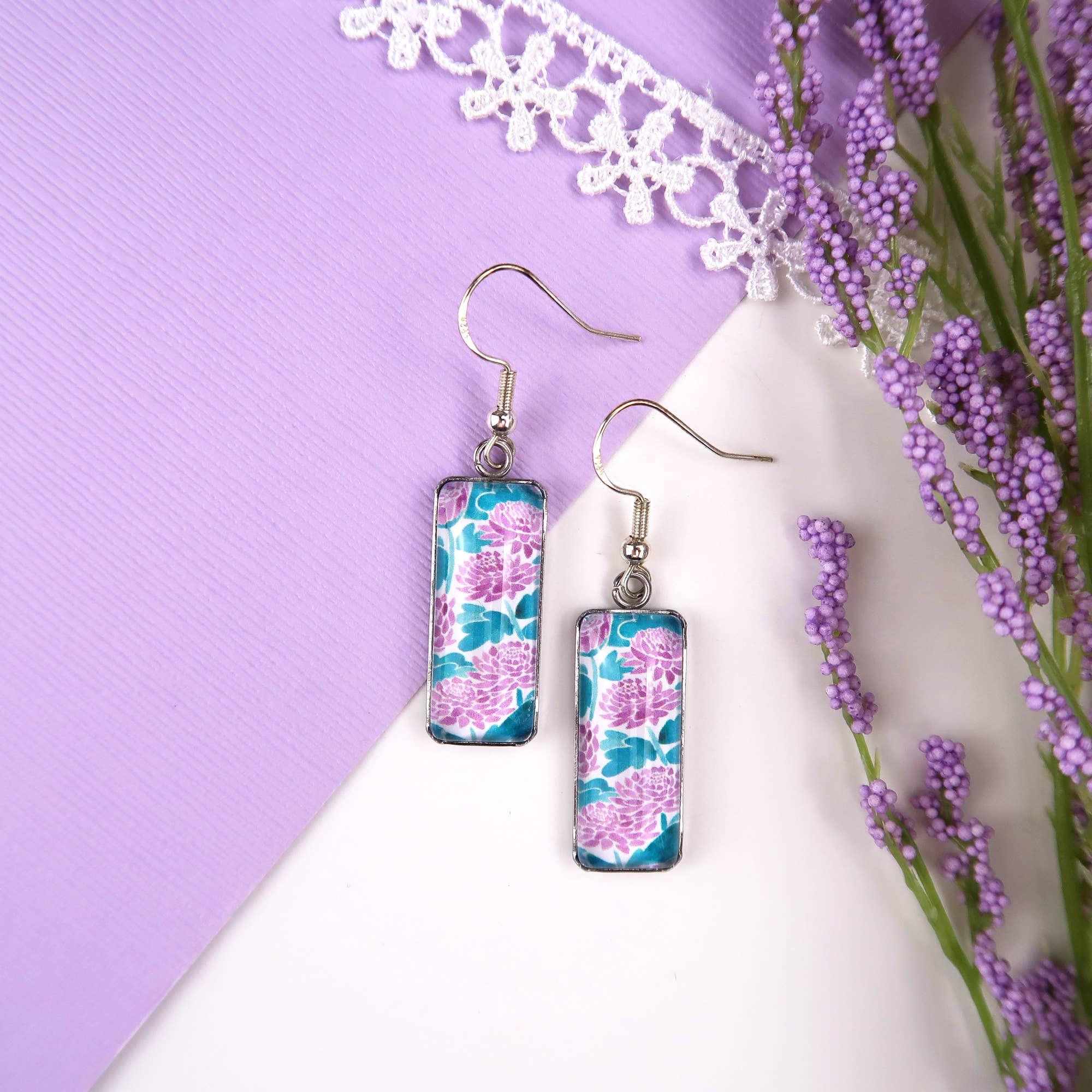 Loretta Belle Art - Wholesale Dangle Earrings - Purple Chrysanthemum Flowers - Glass Pendant Earrings