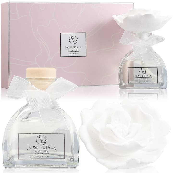 Pretty Valley Home - Wholesale Reed Diffuser - Sunshine Rose Ceramic Flower Diffuser Gift Set - Rose Petals